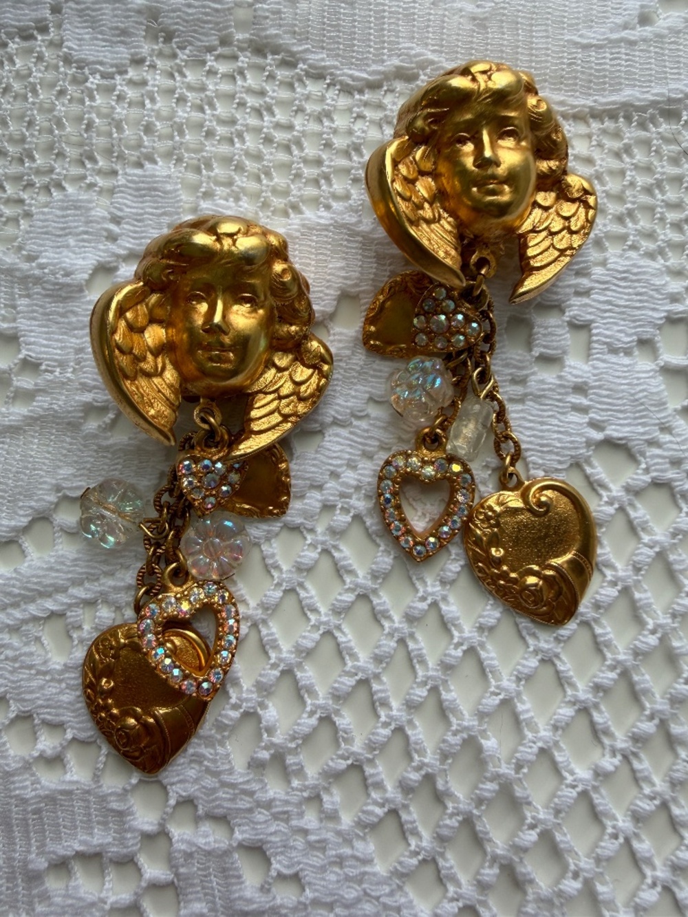 Vintage Signed Kirks Folly Cherub & Hearts Clip Earrings